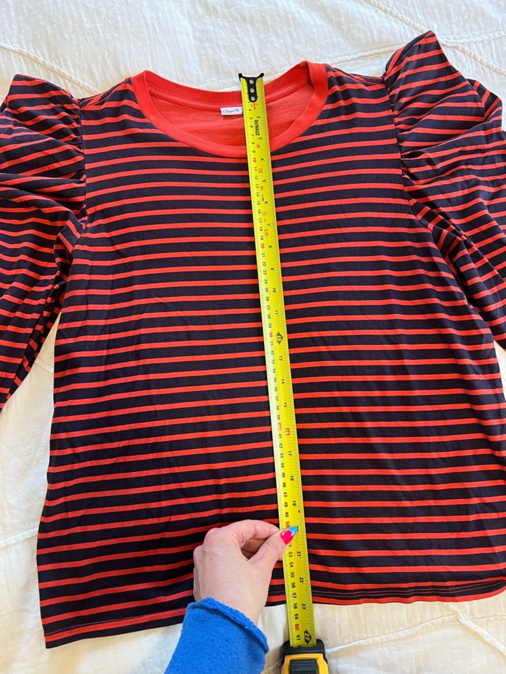 Clare V Red and Navy Puff-Sleeve Striped Long-Sleeve Tee - Picture 12 of 15